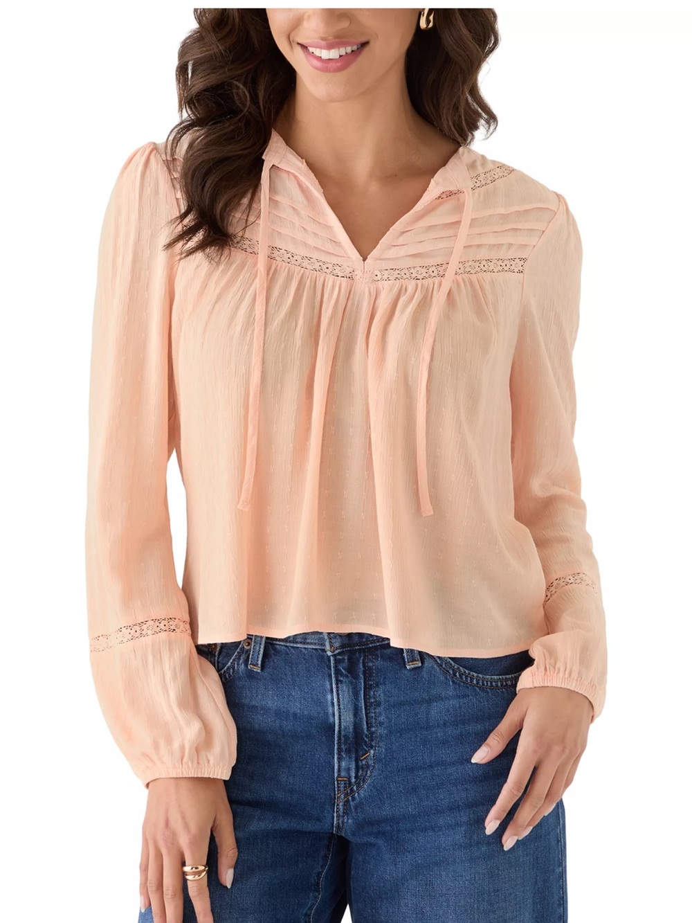 Lightweight Peach Lace-Trim Peasant Blouse with V-Tie Neck Oak & Trellis
